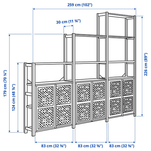 IVAR Shelving unit with doors, pine, 259x30x226 cm