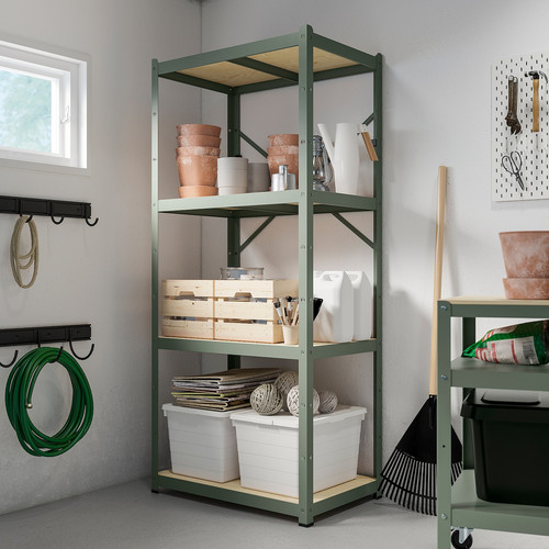 BROR Shelving unit, grey-green/pine plywood, 85x55x190 cm