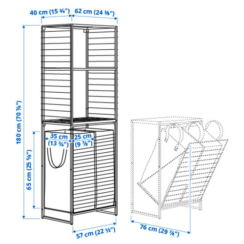 JOSTEIN Shelving unit with bags+grid, in/outdoor wire/transparent white, 62x40/76x180 cm