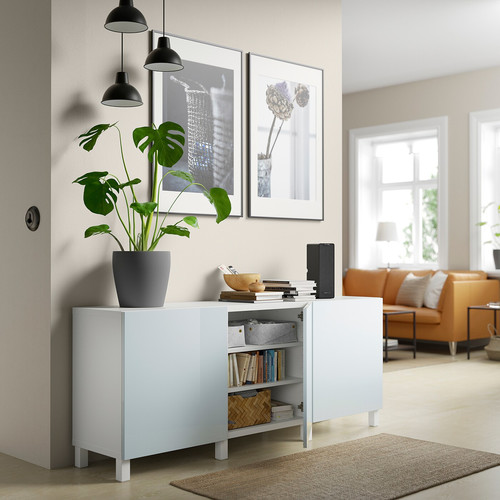 BESTÅ Storage combination with doors, white Selsviken/Stubbarp, high-gloss light grey-blue, 180x42x74 cm