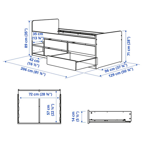 SLÄKT / NATTAPA Bed frm w strg+guard rl+slat bd bse, white, 90x200 cm