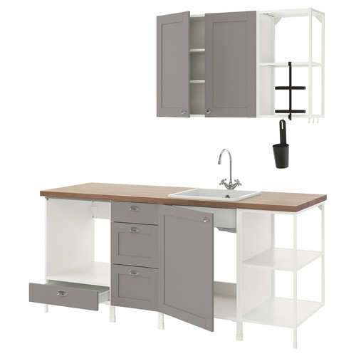 ENHET Kitchen, white, grey frame, 203x63.5x222 cm