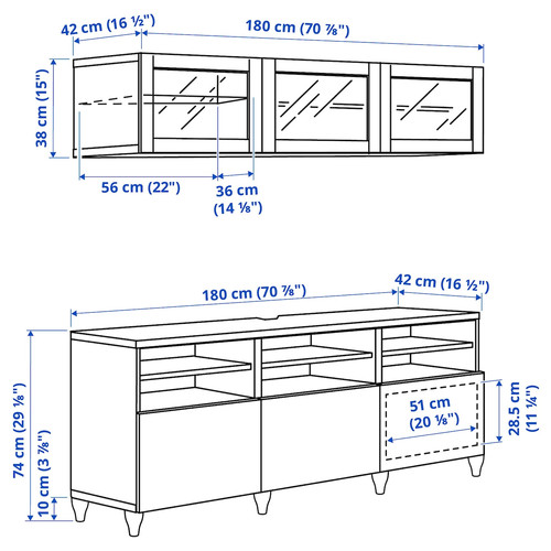 BESTÅ TV storage combination/glass doors, white/Sutterviken/Kabbarp white clear glass, 180x42x192 cm