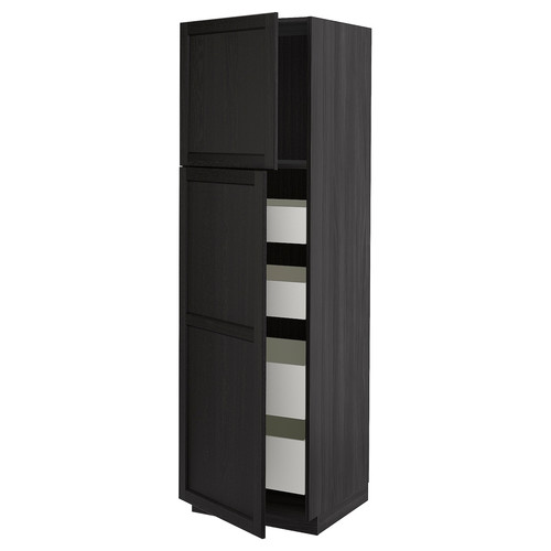 METOD / MAXIMERA Hi cab w 2 doors/4 drawers, black/Lerhyttan black stained, 60x60x200 cm