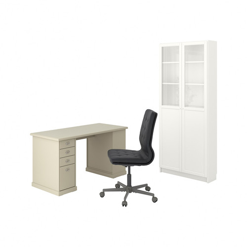 VEBJÖRN/MULLFJÄLLET / BILLY/OXBERG Desk and storage combination, and swivel chair beige/grey/white