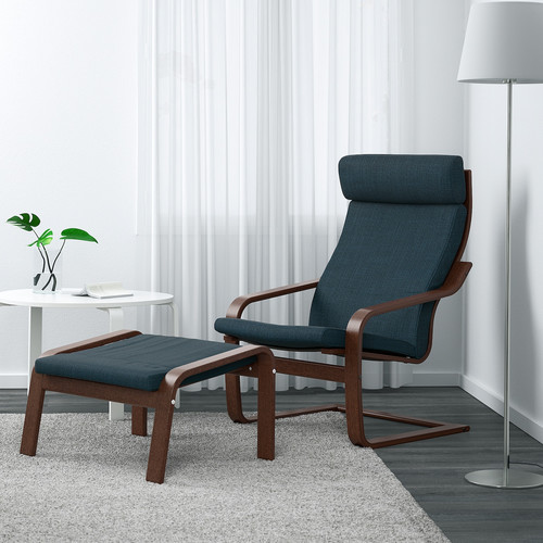 POÄNG Armchair and footstool, brown/Hillared dark blue