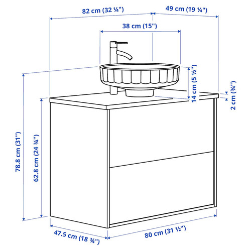 ÄNGSJÖN / LERSJÖN Wash-stnd w drawers/wash-basin/tap, oak effect/black marble effect, 82x49x79 cm