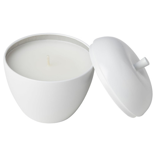 ANSPRÅKSLÖS Scented candle in metal tin, apple/Apple and pear white, 9 cm