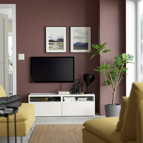 BESTÅ TV bench with drawers, white/Selsviken high-gloss/white, 120x42x39 cm