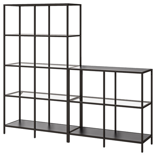 VITTSJÖ Storage combination, black-brown/glass, 200x36x175 cm