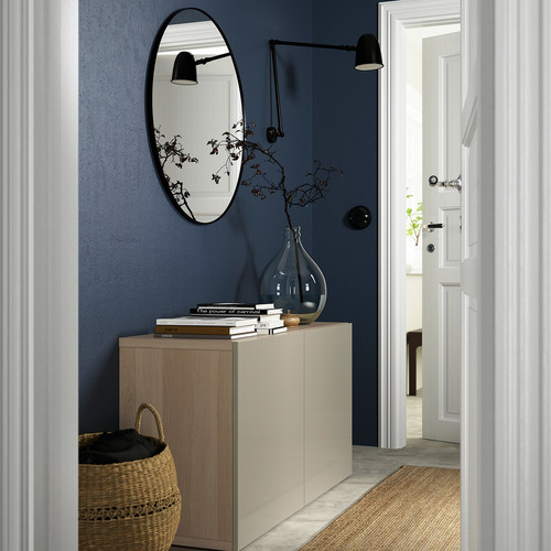 BESTÅ Storage combination with doors, white stained oak effect, Selsviken high-gloss/beige, 120x42x65 cm