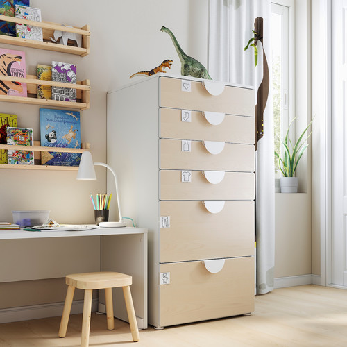 SMÅSTAD / PLATSA Chest of 6 drawers, white, birch, 60x57x123 cm