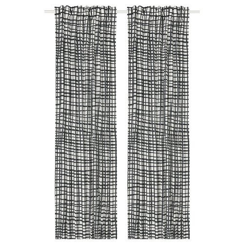 GRÖNKATTFOT Curtains, 1 pair, white/black, 145x300 cm