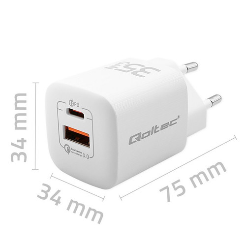 Qoltec Wall Charger EU Plug GaN ULTRA 35W 5V 20V, 2.25A 3A, USB C