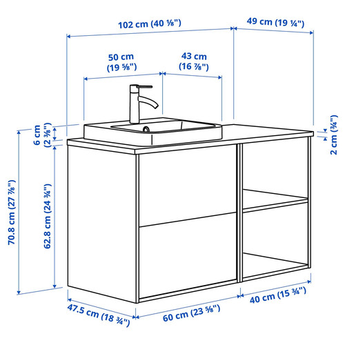 ÄNGSJÖN / BACKSJÖN Wash-stand/wash-basin/tap, high-gloss white/brown oak effect/white marble effect, 102x49x71 cm