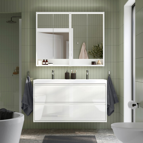 ÄNGSJÖN / BACKSJÖN Wash-stnd w drawers/wash-basin/taps, high-gloss white, 120x48x69 cm