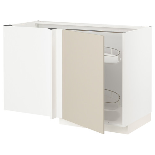 METOD Corner base cab w pull-out fitting, white/Havstorp beige, 128x68 cm