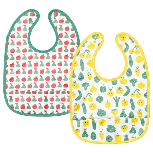 MATVRÅ Bib, fruit/vegetables pattern, green yellow