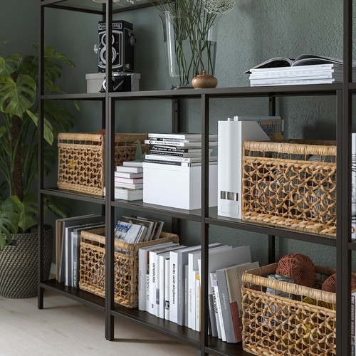 VITTSJÖ Storage combination, black-brown/glass, 202x36x175 cm