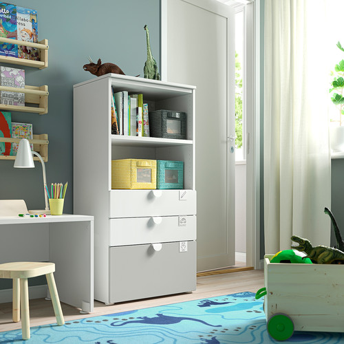 SMÅSTAD / PLATSA Bookcase, white grey/with 3 drawers, 60x42x123 cm