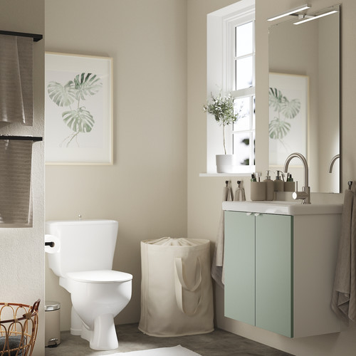 ENHET / TVÄLLEN Wash-stnd w doors/wash-basin/tap, white/pale grey-green, 64x33x65 cm