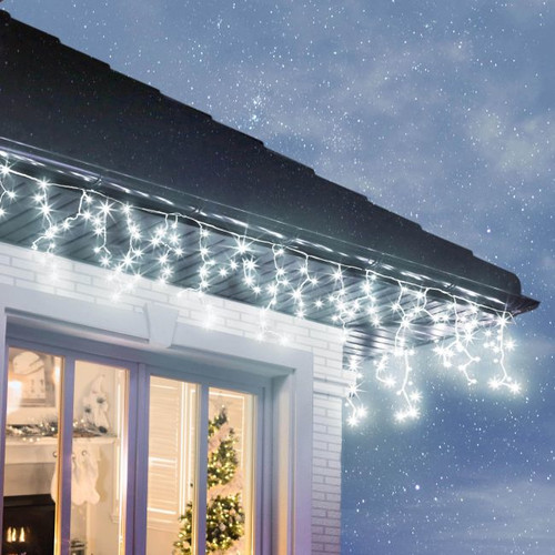 Christmas Curtain Lights In-/Outdoor 100 LED 4.8m, icicles, white cable, cool white