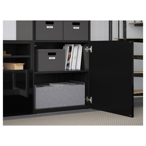 BESTÅ TV storage combination/glass doors, black-brown/Selsviken high-gloss/black clear glass, 300x42x231 cm