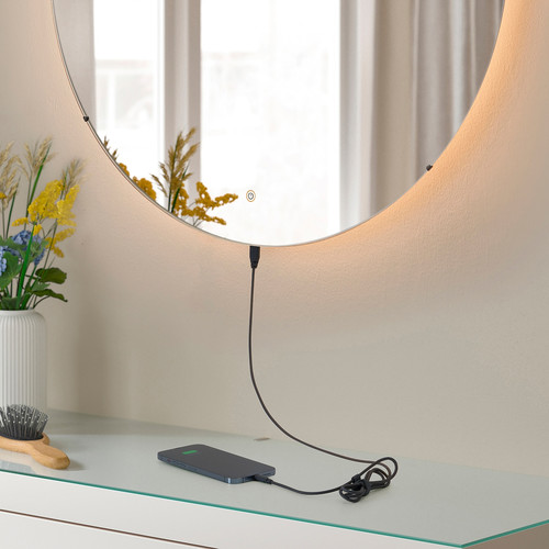 SKEJSEL Mirror with integrated lighting, round dimmable