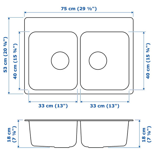 LÅNGUDDEN Inset sink, 2 bowls, stainless steel, 75x53 cm