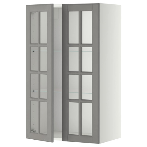 METOD Wall cabinet w shelves/2 glass drs, white/Bodbyn grey, 60x100 cm