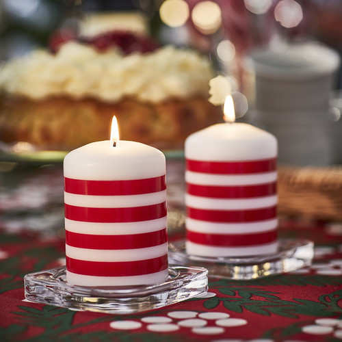 VINTERFINT Unscented pillar candle, stripe pattern red/white, 10 cm