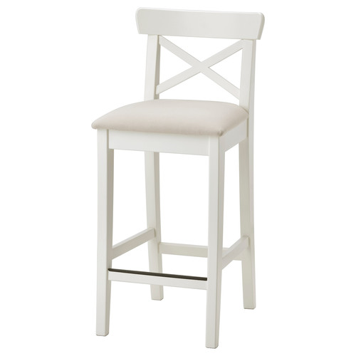 INGOLF Bar stool with backrest, white, Hallarp beige, 65 cm