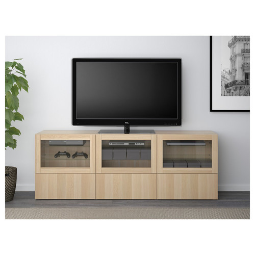 BESTÅ TV bench with drawers, Lappviken, Sindvik white stained oak/transparent glass