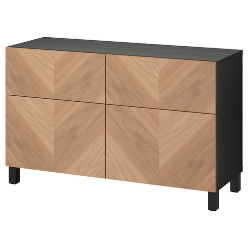 BESTÅ Storage combination w doors/drawers, black-brown/Hedeviken/Stubbarp oak veneer, 120x42x74 cm