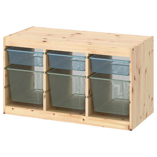 TROFAST Storage combination with boxes, light white stained pine grey-blue/light green-grey, 93x44x52 cm