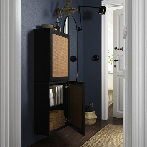 BESTÅ Wall cabinet with 2 doors, black-brown Studsviken/dark brown woven poplar, 60x22x128 cm