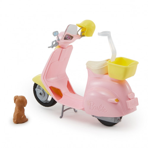 Barbie Pink & Yellow Scooter Moped With Puppy & Helmet FRP56 3+