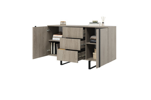 Cabinet with 2 Doors & 3 Drawers Verica 150 cm, biscuit oak/black legs