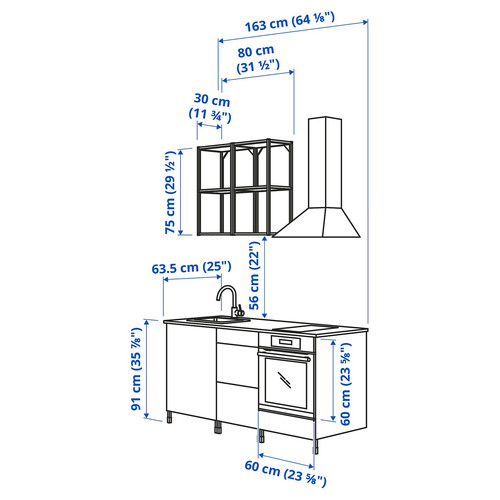 ENHET Kitchen, white, 163x63.5x222 cm