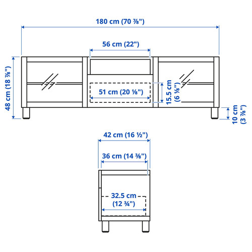 BESTÅ TV bench, white Glassvik/Selsviken/Ösarp light grey-blue, 180x42x48 cm