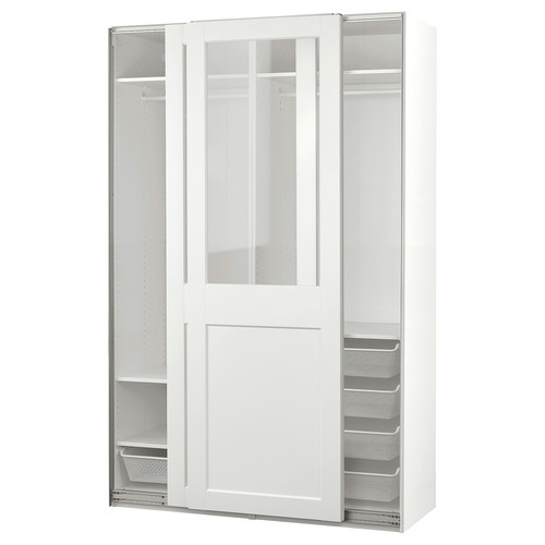 PAX / GRIMO Wardrobe with sliding doors, white/clear glass white, 150x66x236 cm