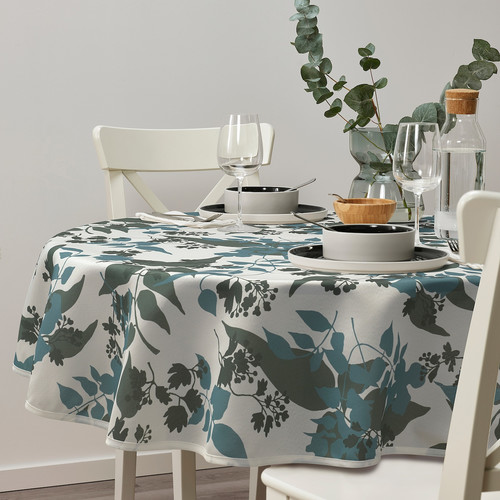 RINGBUK Tablecloth, white green/blue/leaves, 150 cm