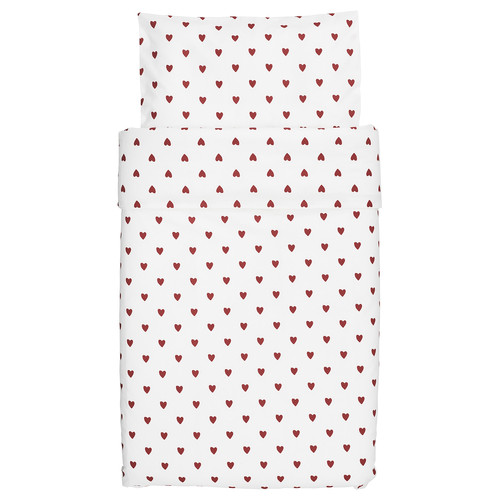 BARNDRÖM Duvet cover 1 pillowcase for cot, heart pattern/white red, 110x125/35x55 cm