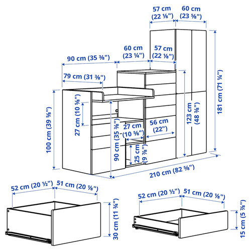 SMÅSTAD / PLATSA Storage combination, white with frame/with changing table, 210x79x181 cm