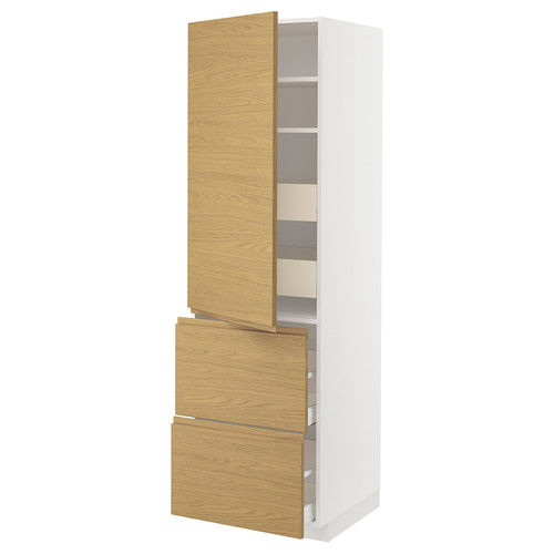 METOD / MAXIMERA Hi cab w shlvs/4 drawers/dr/2 frnts, white/Voxtorp oak effect, 60x60x200 cm