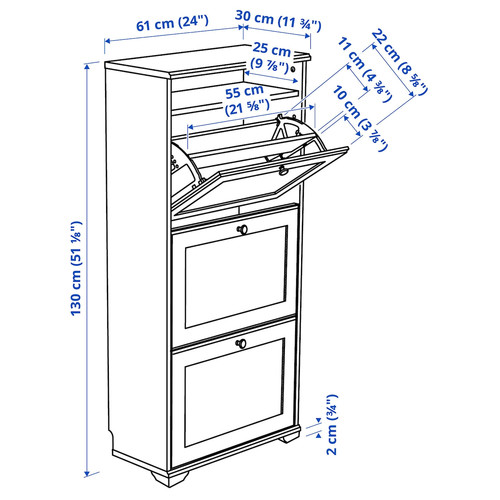 BRUSALI Shoe cabinet with 3 compartments, white, 61x30x130 cm