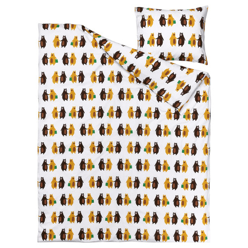 BRUMMIG Duvet cover and pillowcase, bear pattern yellow/brown, 150x200/50x60 cm