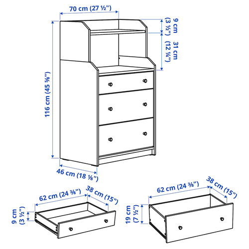 HAUGA Chest of 3 drawers with shelf, grey, 70x116 cm