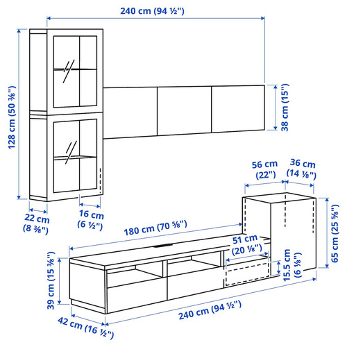 BESTÅ TV storage combination/glass doors, black-brown/Selsviken high-gloss/beige clear glass,  300x42x211 cm