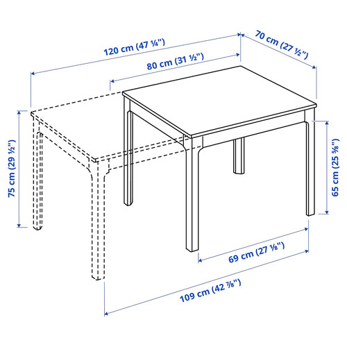 EKEDALEN Extendable table, white, 80/120x70 cm